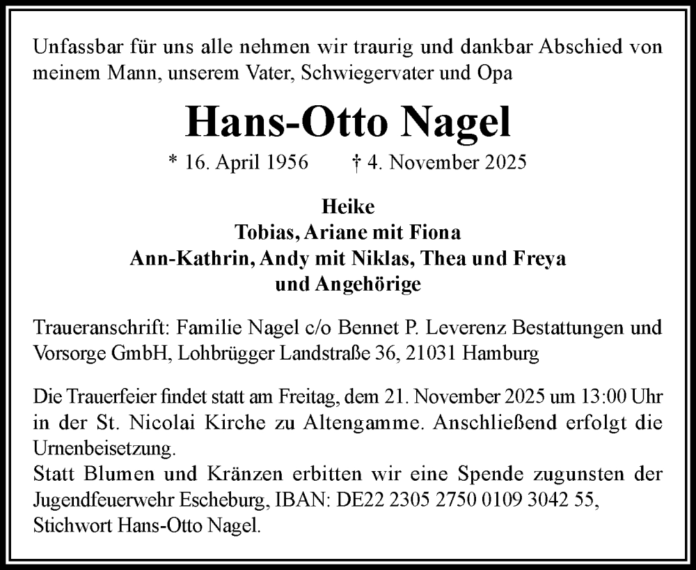  Traueranzeige für Hans-Otto Nagel vom 15.11.2025 aus Wochenend Anzeiger
