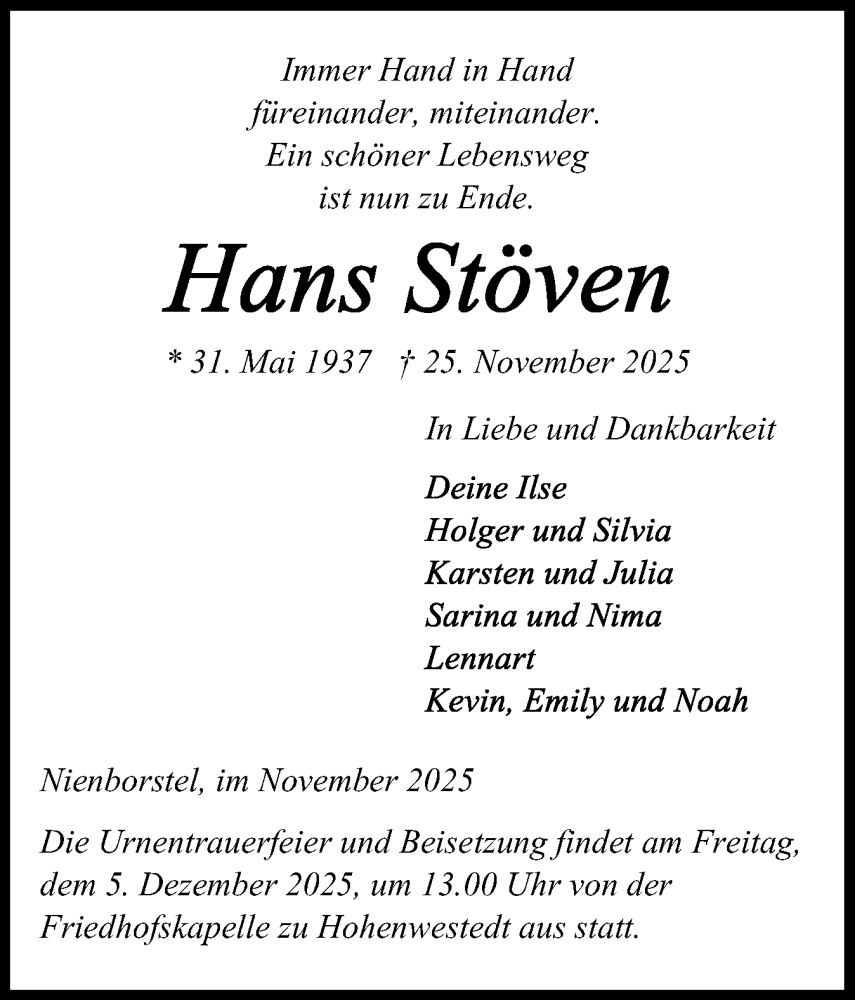  Traueranzeige für Hans Stöven vom 29.11.2025 aus Schleswig-Holsteinische Landeszeitung