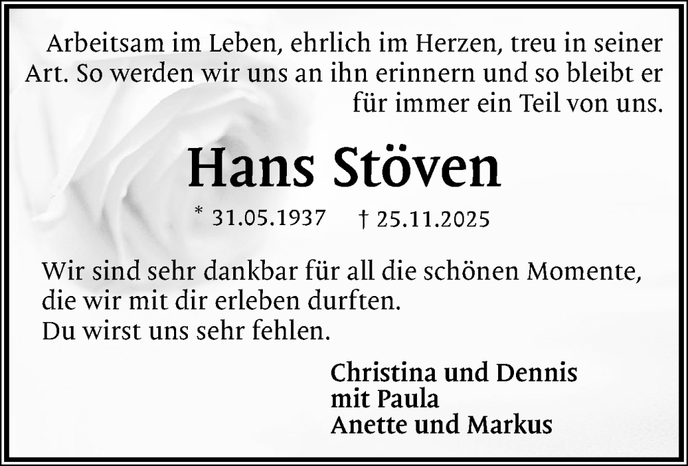  Traueranzeige für Hans Stöven vom 29.11.2025 aus Schleswig-Holsteinische Landeszeitung