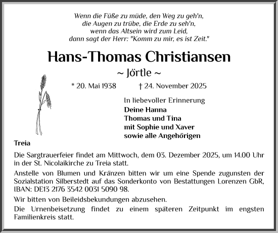 Traueranzeige von Hans-Thomas Christiansen von Schleswiger Nachrichten, Schlei-Bote