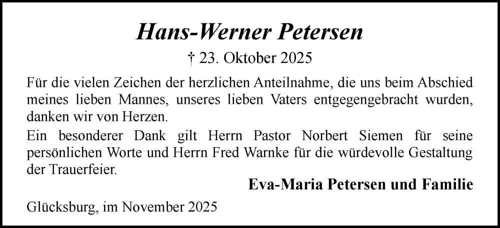  Traueranzeige für Hans-Werner Petersen vom 22.11.2025 aus Flensburger Tageblatt
