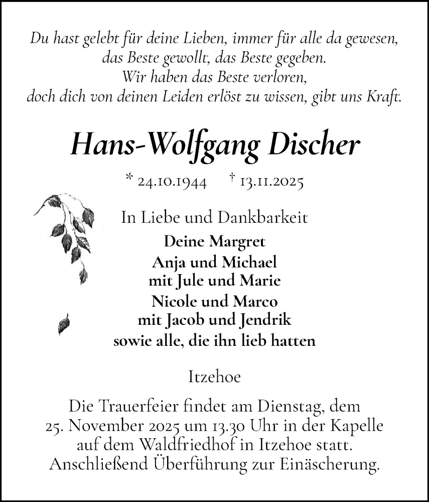  Traueranzeige für Hans-Wolfgang Discher vom 22.11.2025 aus Norddeutsche Rundschau, Wilstersche Zeitung, Glückstädter Fortuna