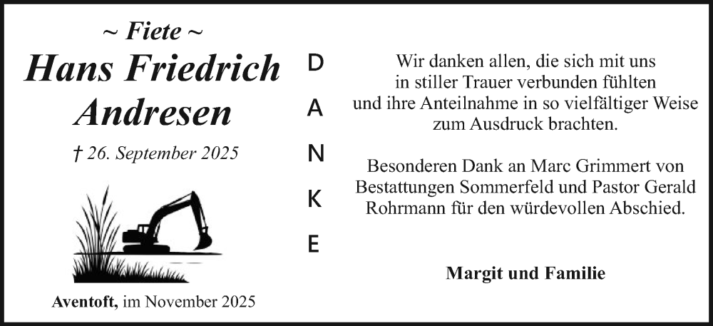  Traueranzeige für Hans Friedrich Andresen vom 29.11.2025 aus Husumer Nachrichten, Nordfriesland Tageblatt