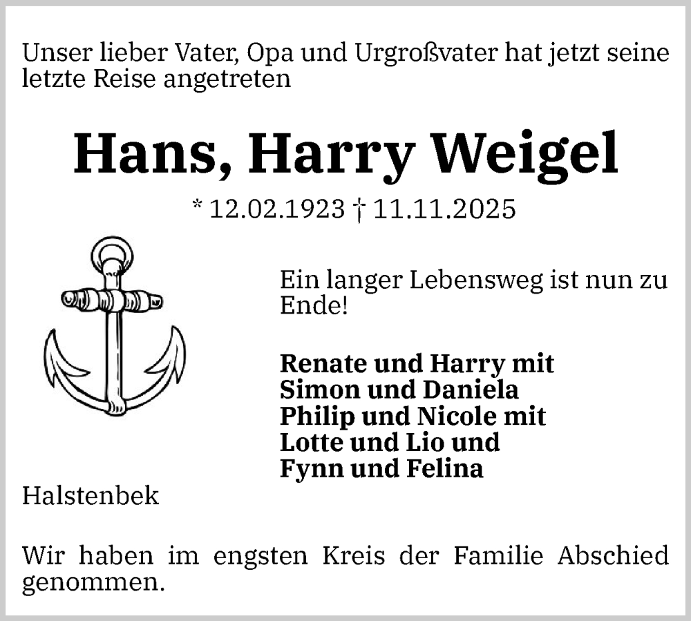  Traueranzeige für Hans Harry Weigel vom 22.11.2025 aus Region Pinneberg und tip Pinneberg