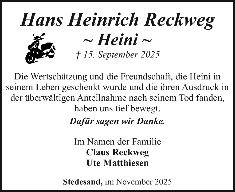  Traueranzeige für Hans Heinrich Reckweg vom 08.11.2025 aus Husumer Nachrichten, Nordfriesland Tageblatt