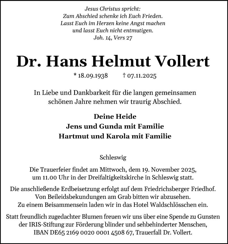  Traueranzeige für Hans Helmut Vollert vom 15.11.2025 aus Schleswiger Nachrichten, Schlei-Bote