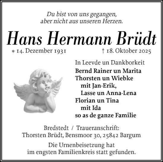 Traueranzeige von Hans Hermann Brüdt von Husumer Nachrichten, Nordfriesland Tageblatt