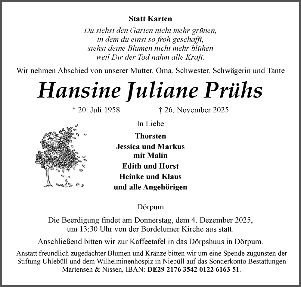  Traueranzeige für Hansine Juliane Prühs vom 29.11.2025 aus Husumer Nachrichten, Nordfriesland Tageblatt