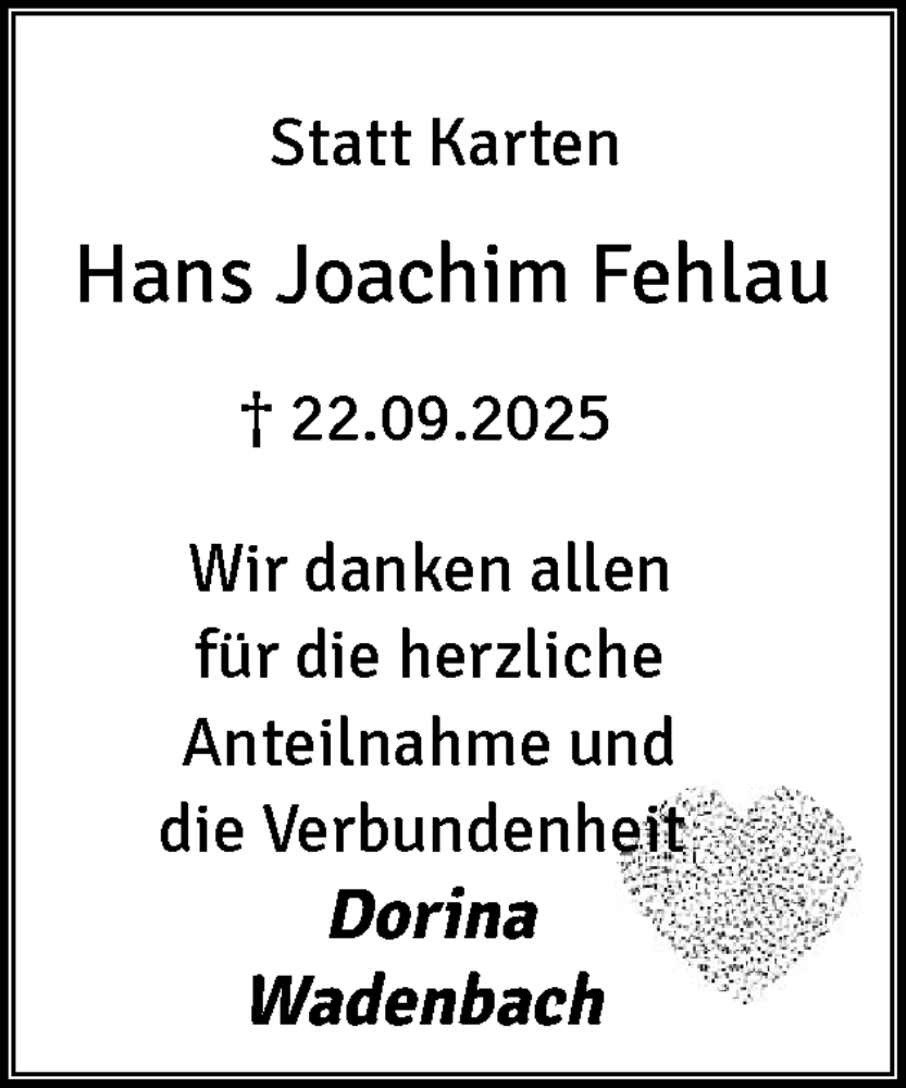  Traueranzeige für Hans Joachim Fehlau vom 08.11.2025 aus Eckernförder Zeitung, Hallo Eckernförde
