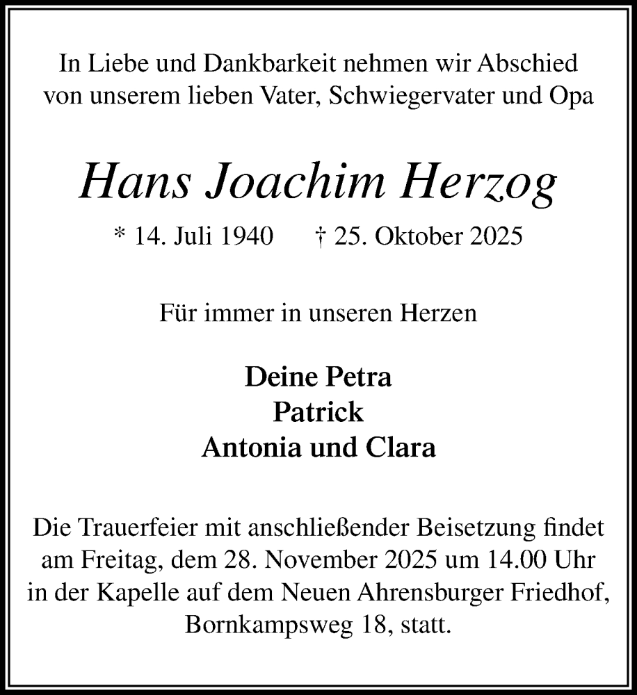  Traueranzeige für Hans Joachim Herzog vom 22.11.2025 aus MARKT Ahrensburg/Bargteheide/Trittau und Stormarner Tageblatt