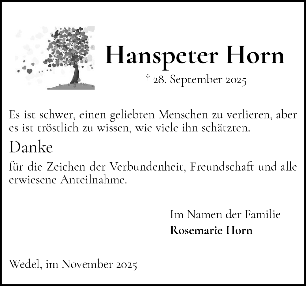  Traueranzeige für Hanspeter Horn vom 15.11.2025 aus Wedel-Schulauer Tageblatt, tip Wedel-Schulauer Tageblatt, tip Rissener Rundschau
