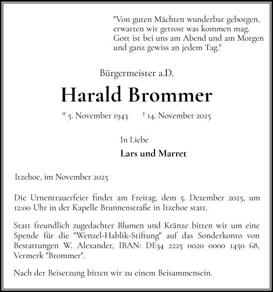 Traueranzeige von Harald Brommer von Norddeutsche Rundschau, Wilstersche Zeitung, Glückstädter Fortuna