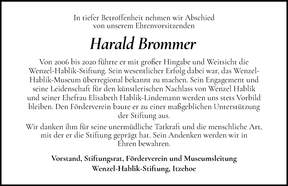 Traueranzeige für Harald Brommer vom 22.11.2025 aus Norddeutsche Rundschau, Wilstersche Zeitung, Glückstädter Fortuna