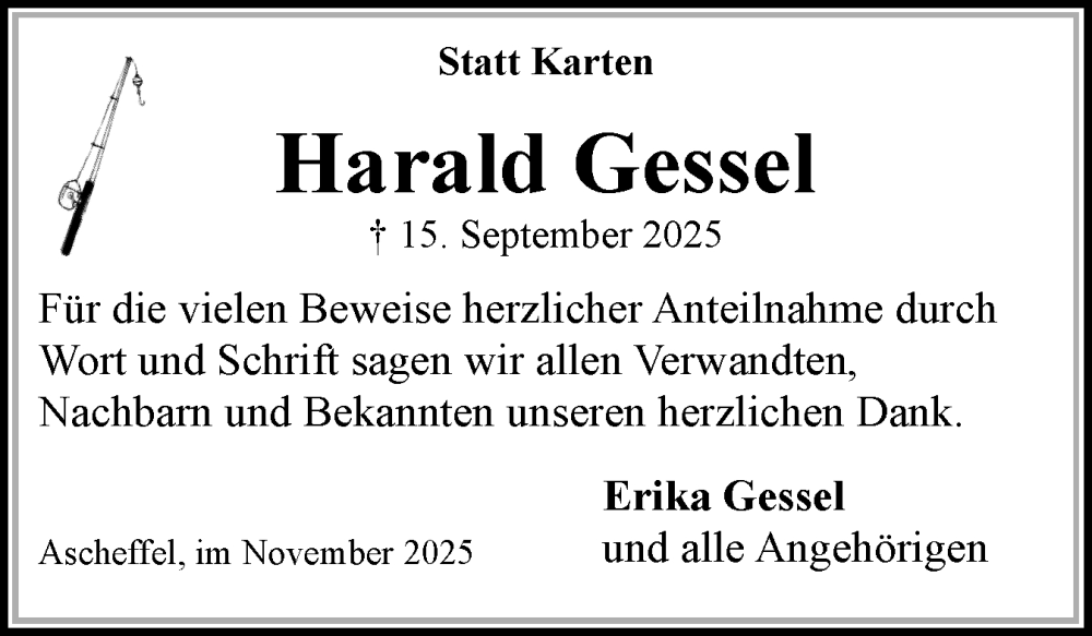  Traueranzeige für Harald Gessel vom 08.11.2025 aus Eckernförder Zeitung, Hallo Eckernförde