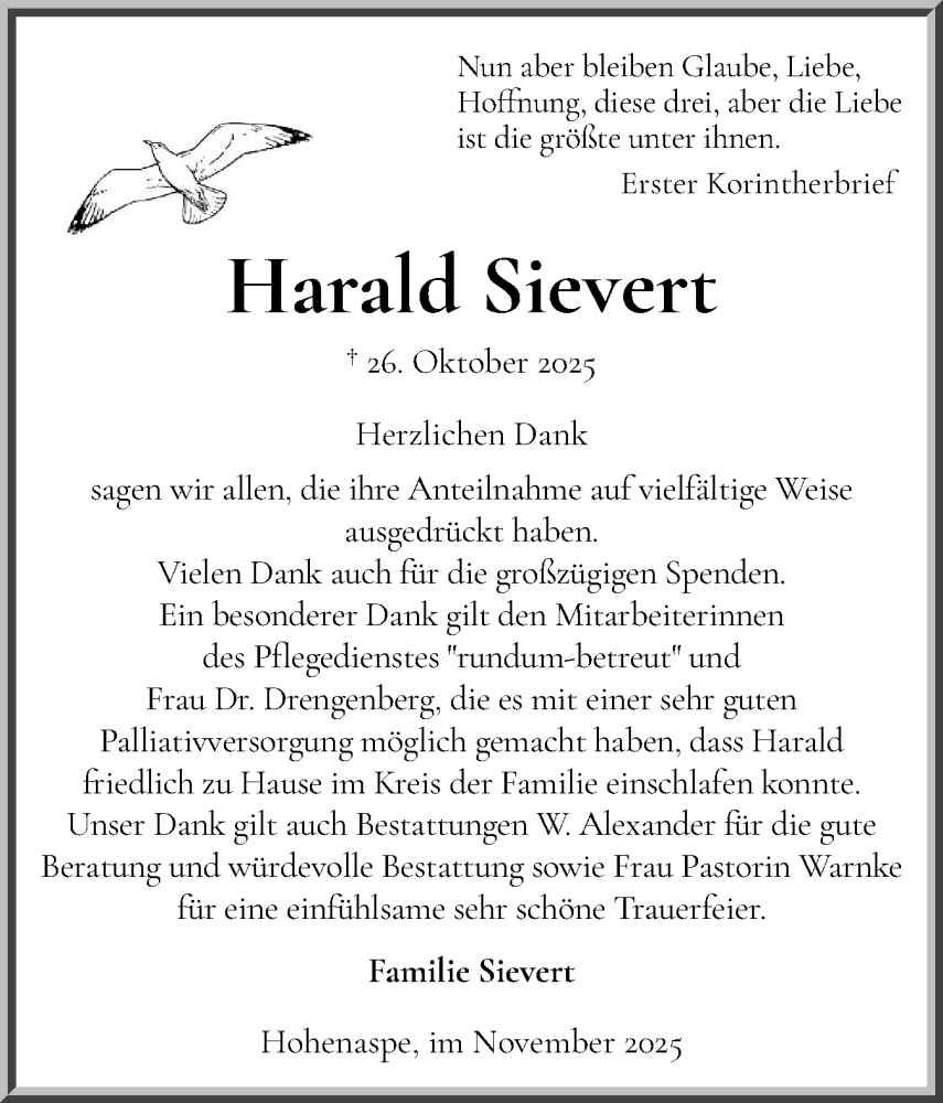  Traueranzeige für Harald Sievert vom 15.11.2025 aus Norddeutsche Rundschau, Wilstersche Zeitung, Glückstädter Fortuna