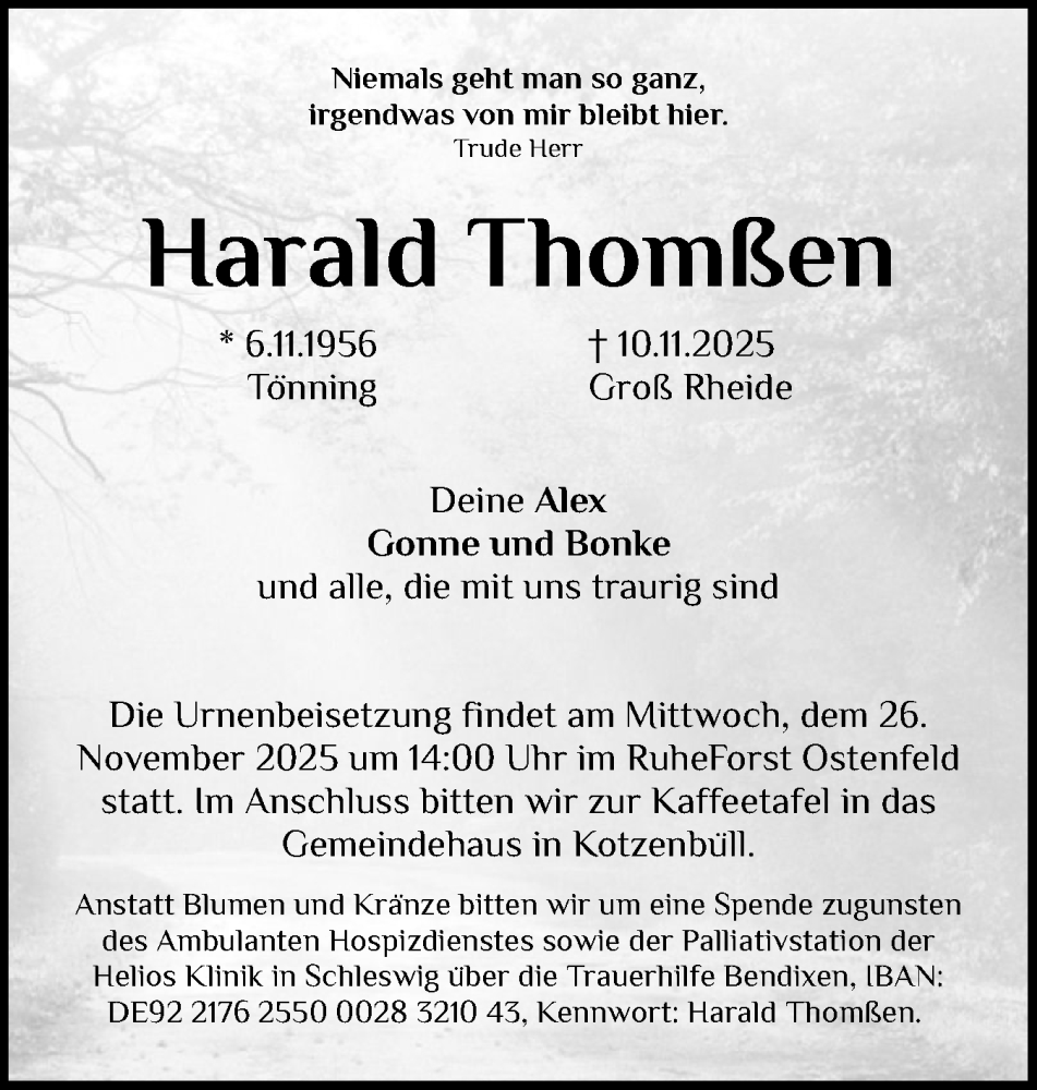  Traueranzeige für Harald Thomßen vom 21.11.2025 aus Husumer Nachrichten, Nordfriesland Tageblatt