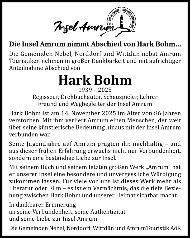 Traueranzeige für Hark Bohm vom 22.11.2025 aus Der Insel-Bote