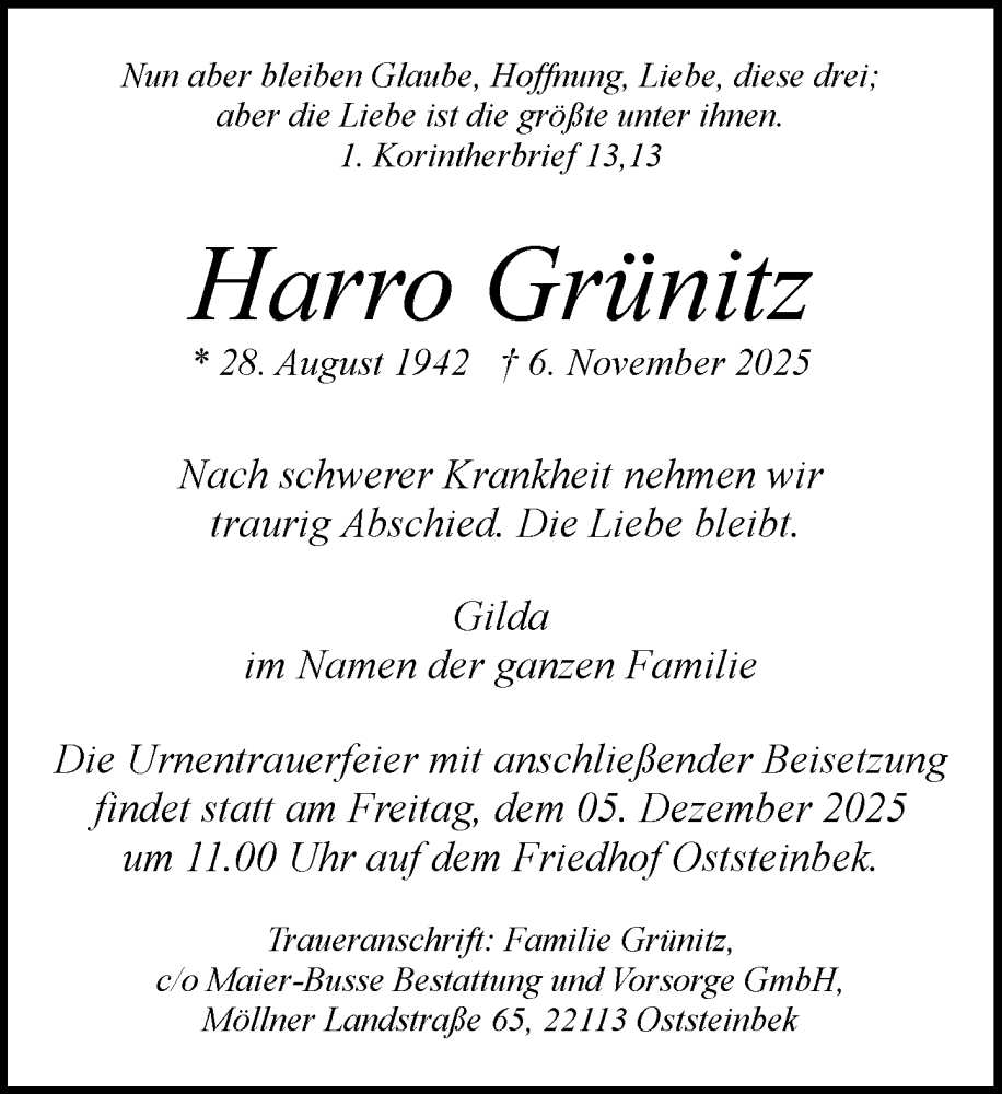  Traueranzeige für Harro Grünitz vom 22.11.2025 aus MARKT Glinde/Reinfeld