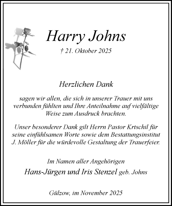 Traueranzeige von Harry Johns von Wochenend Anzeiger
