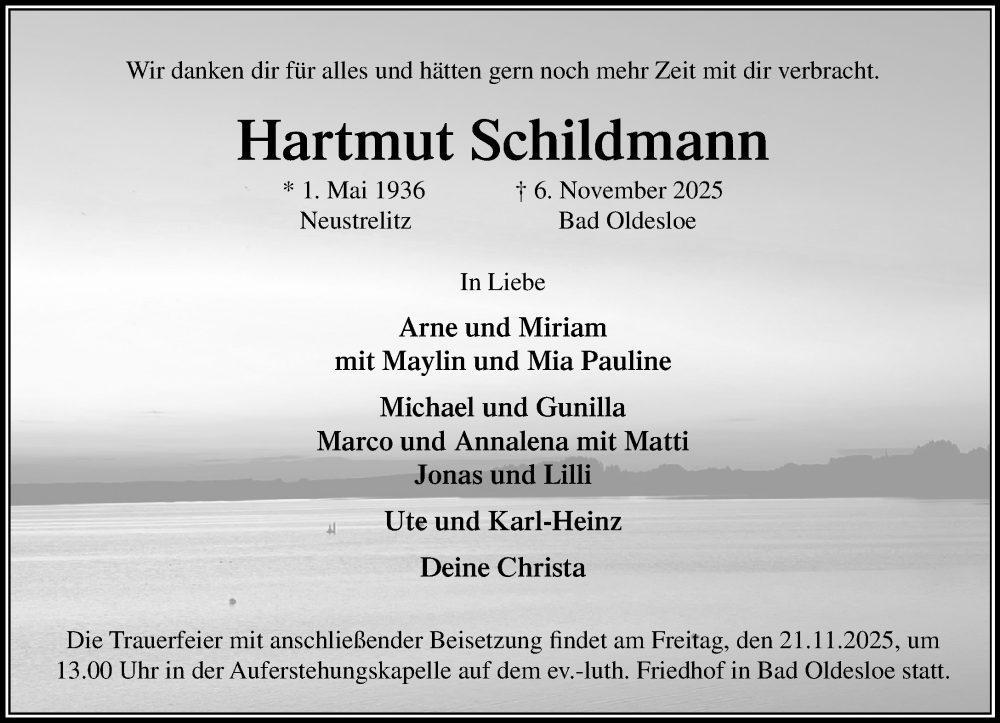  Traueranzeige für Hartmut Schildmann vom 15.11.2025 aus MARKT Bad Oldesloe/Reinfeld, MARKT Ahrensburg/Bargteheide/Trittau und Stormarner Tageblatt