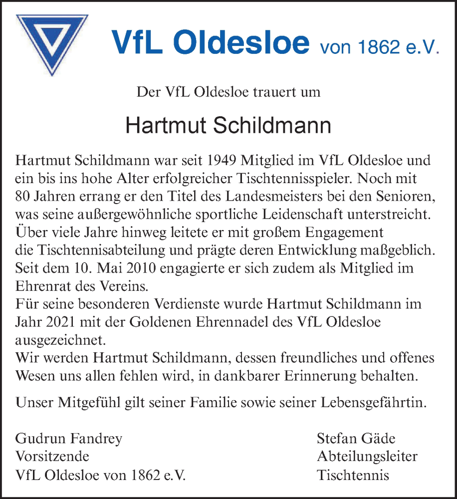  Traueranzeige für Hartmut Schildmann vom 15.11.2025 aus MARKT Bad Oldesloe/Reinfeld und Stormarner Tageblatt