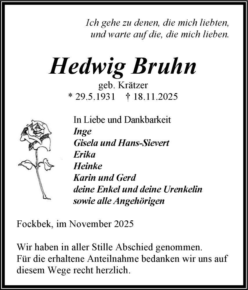  Traueranzeige für Hedwig Bruhn vom 29.11.2025 aus Schleswig-Holsteinische Landeszeitung