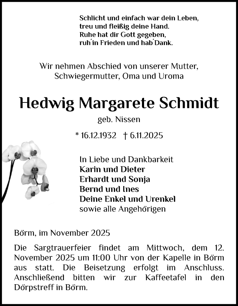  Traueranzeige für Hedwig Margarete Schmidt vom 08.11.2025 aus Schleswig-Holsteinische Landeszeitung