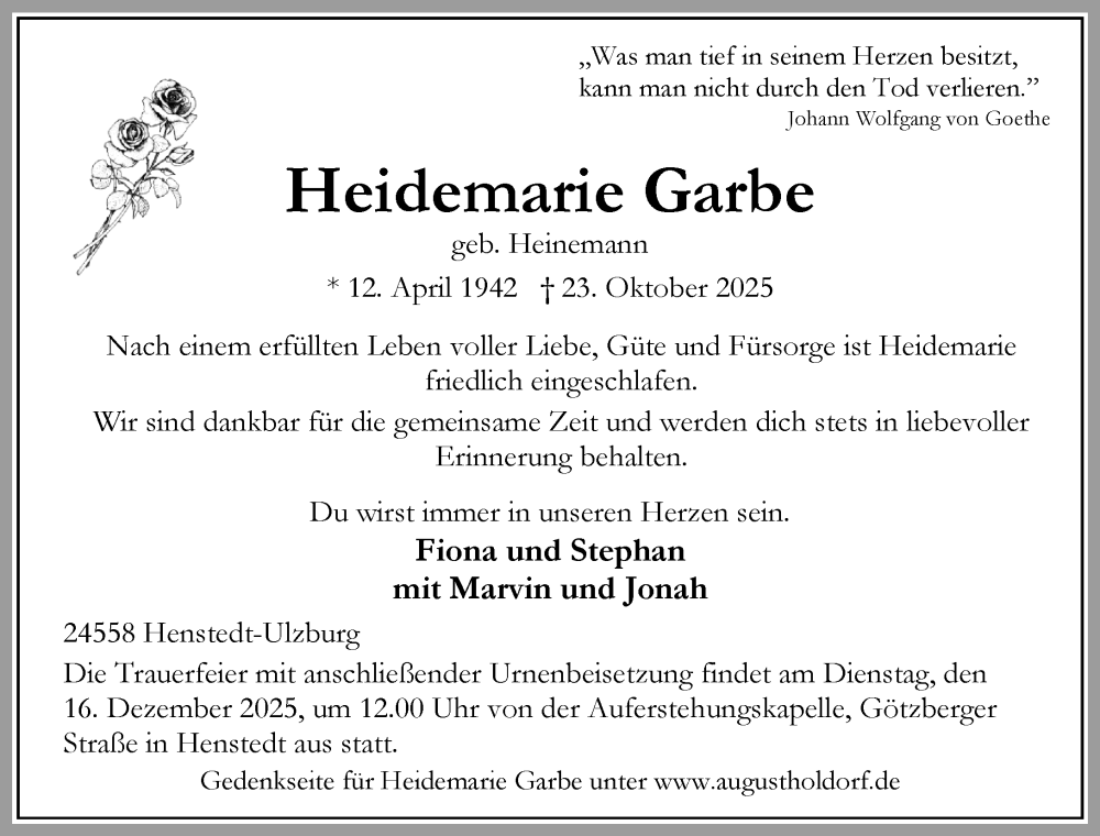  Traueranzeige für Heidemarie Garbe vom 29.11.2025 aus Umschau