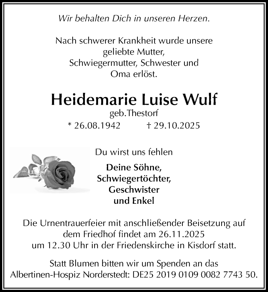  Traueranzeige für Heidemarie Luise Wulf vom 22.11.2025 aus Umschau