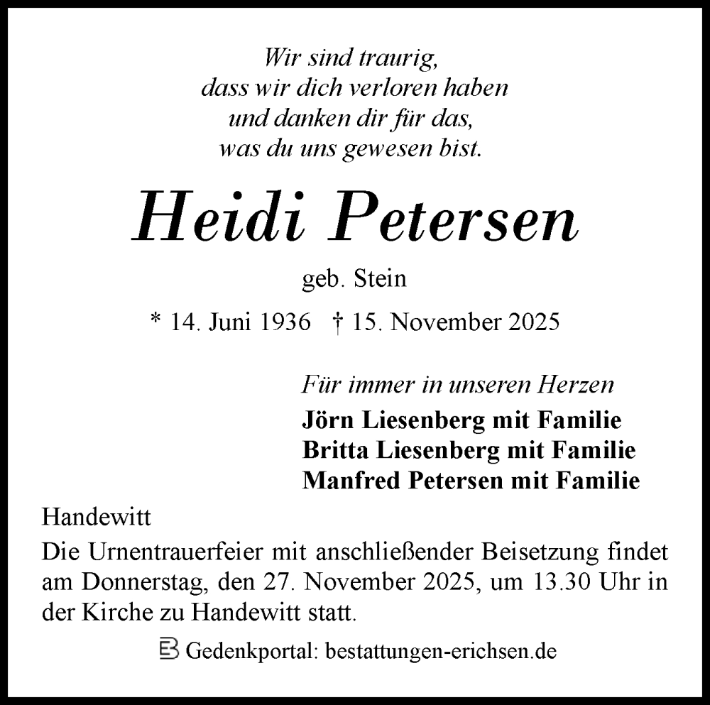  Traueranzeige für Heidi Petersen vom 22.11.2025 aus Flensburger Tageblatt