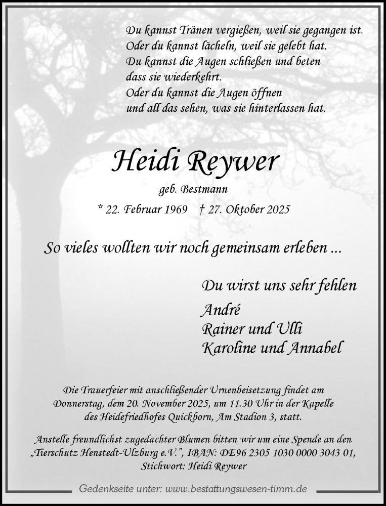  Traueranzeige für Heidi Reywer vom 15.11.2025 aus Umschau