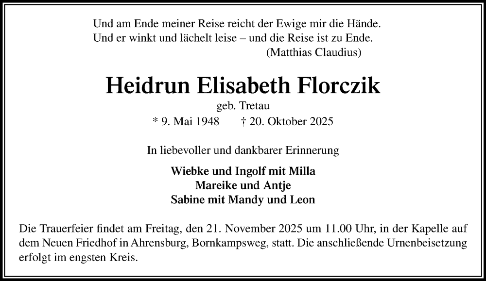  Traueranzeige für Heidrun Elisabeth Florczik vom 08.11.2025 aus MARKT Ahrensburg/Bargteheide/Trittau und Stormarner Tageblatt
