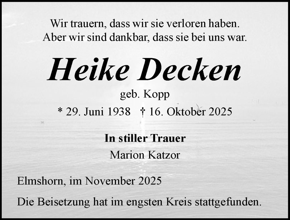  Traueranzeige für Heike Decken vom 29.11.2025 aus Elmshorner Nachrichten, Barmstedter Zeitung