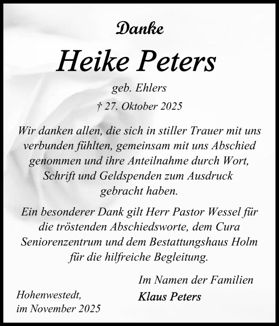 Traueranzeige von Heike Peters von Schleswig-Holsteinische Landeszeitung