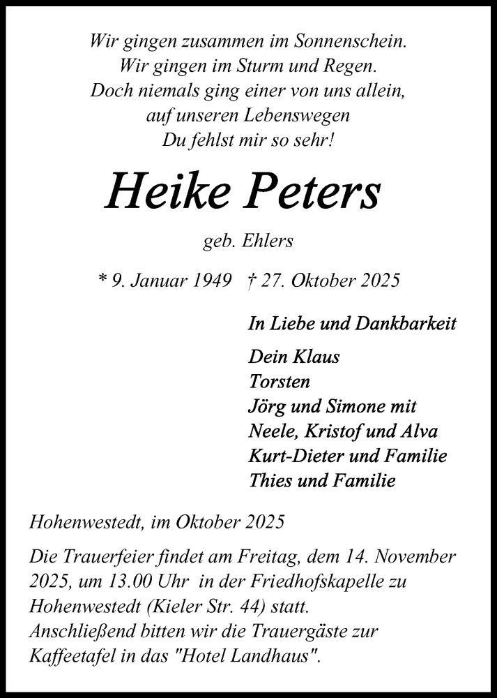  Traueranzeige für Heike Peters vom 08.11.2025 aus Schleswig-Holsteinische Landeszeitung