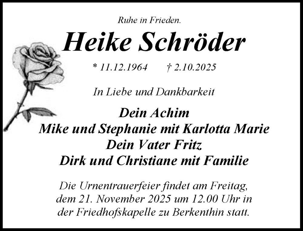  Traueranzeige für Heike Schröder vom 15.11.2025 aus MARKT Ratzeburg/Mölln