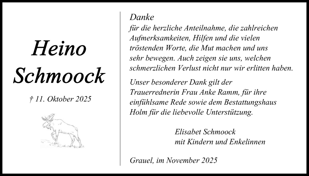  Traueranzeige für Heino Schmoock vom 15.11.2025 aus Schleswig-Holsteinische Landeszeitung