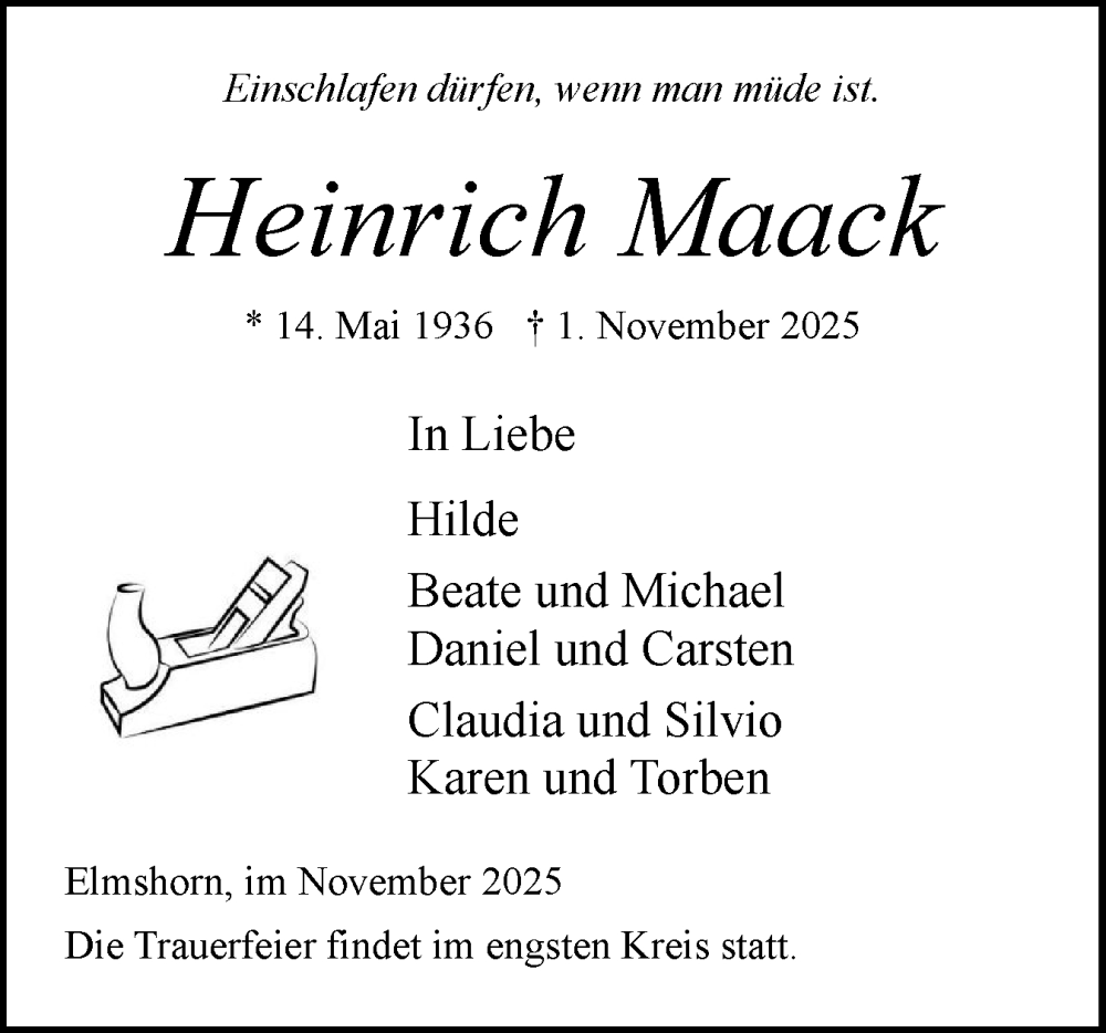  Traueranzeige für Heinrich Maack vom 15.11.2025 aus Elmshorner Nachrichten, Barmstedter Zeitung