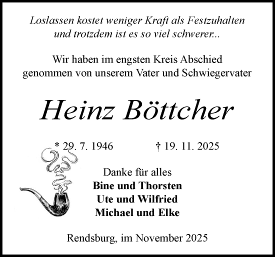 Traueranzeige von Heinz Böttcher von Schleswig-Holsteinische Landeszeitung