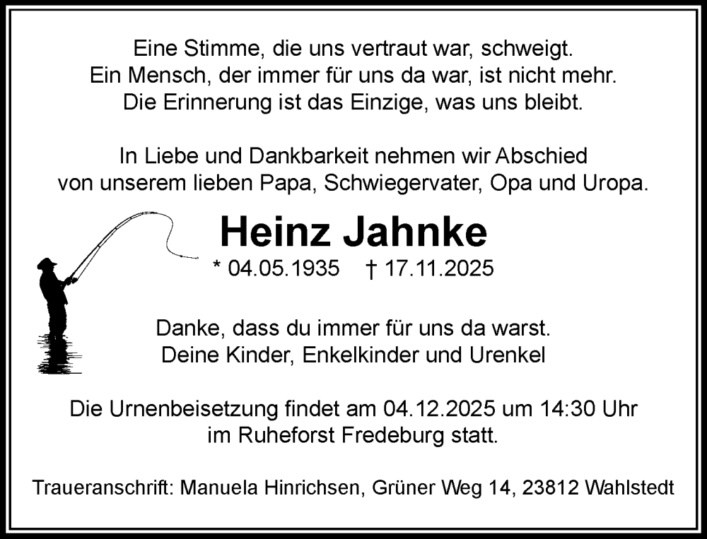  Traueranzeige für Heinz Jahnke vom 29.11.2025 aus MARKT Ratzeburg/Mölln