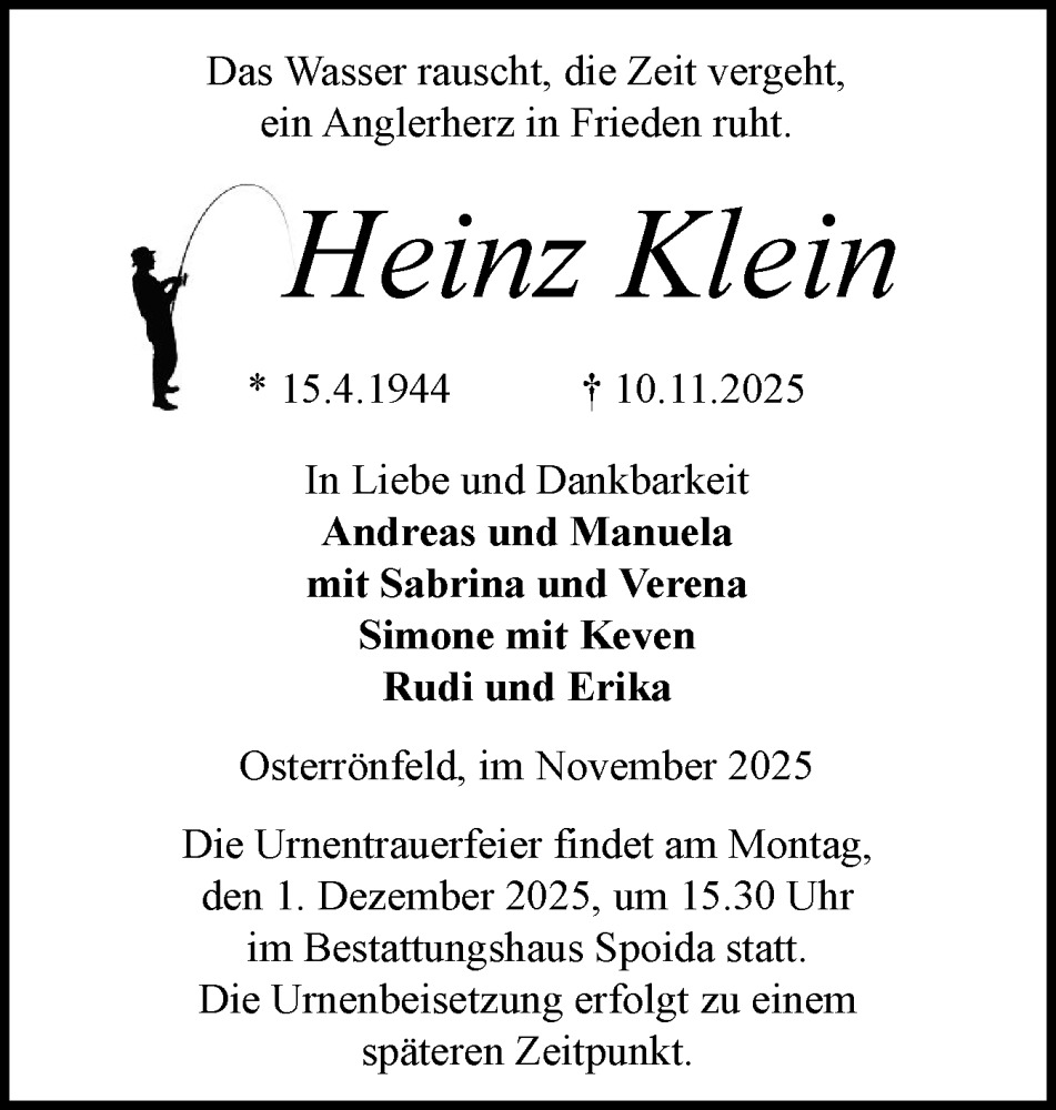  Traueranzeige für Heinz Klein vom 22.11.2025 aus Schleswig-Holsteinische Landeszeitung