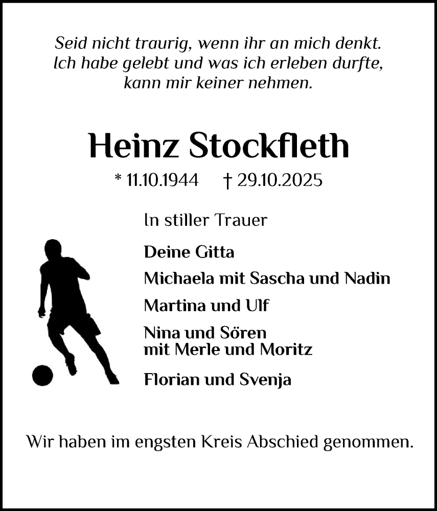  Traueranzeige für Heinz Stockfleth vom 08.11.2025 aus Schleswiger Nachrichten, Schlei-Bote
