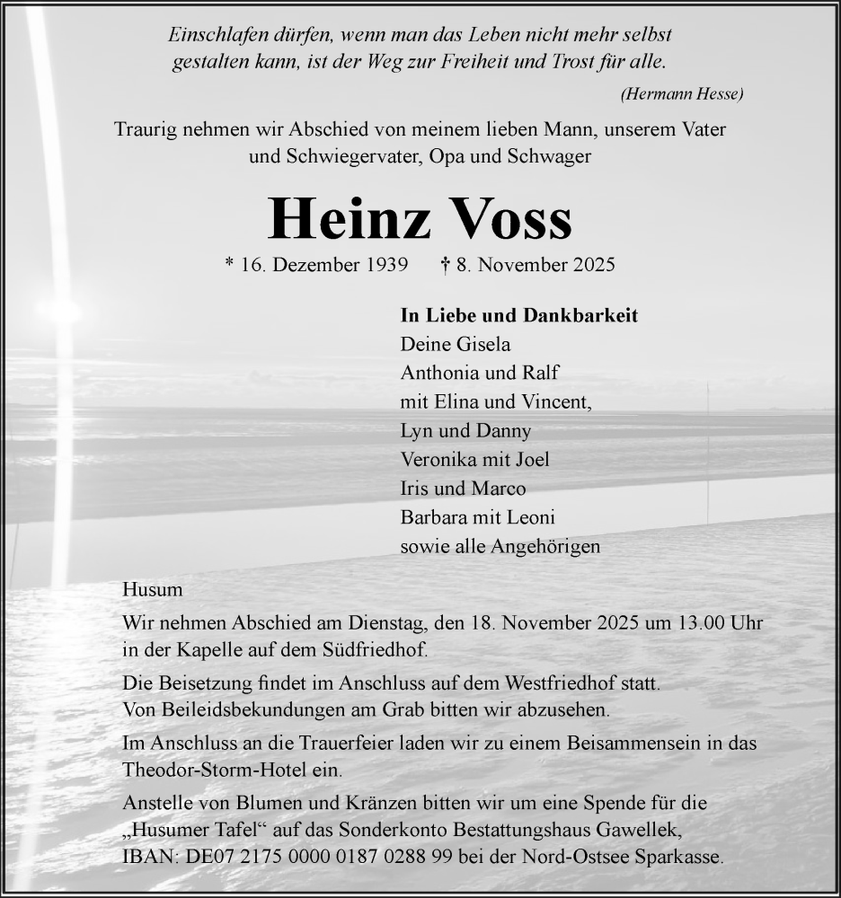  Traueranzeige für Heinz Voss vom 13.11.2025 aus Husumer Nachrichten, Nordfriesland Tageblatt