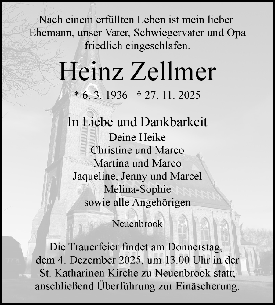  Traueranzeige für Heinz Zellmer vom 29.11.2025 aus Norddeutsche Rundschau, Wilstersche Zeitung, Glückstädter Fortuna