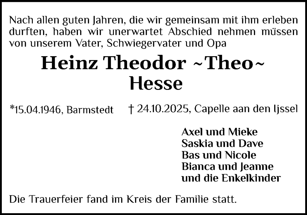  Traueranzeige für Heinz Theodor Hesse vom 08.11.2025 aus Elmshorner Nachrichten, Barmstedter Zeitung