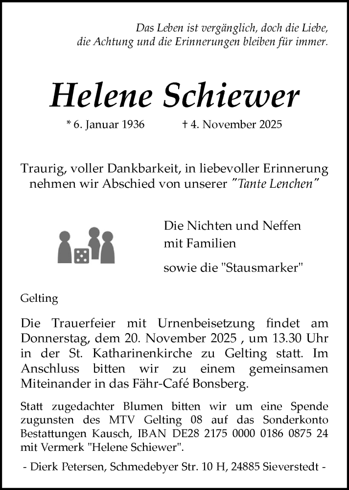  Traueranzeige für Helene Schiewer vom 08.11.2025 aus Flensburger Tageblatt
