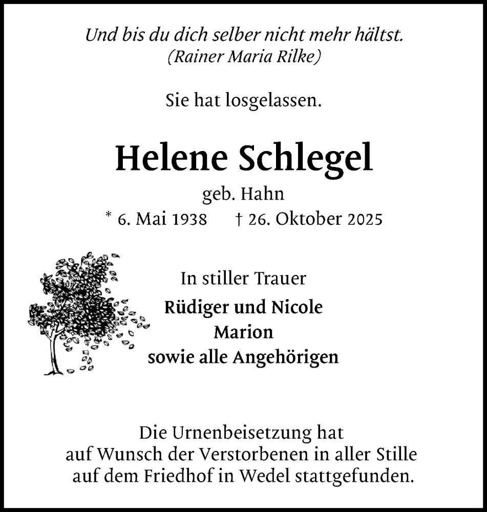  Traueranzeige für Helene Schlegel vom 22.11.2025 aus Region Pinneberg und tip Pinneberg