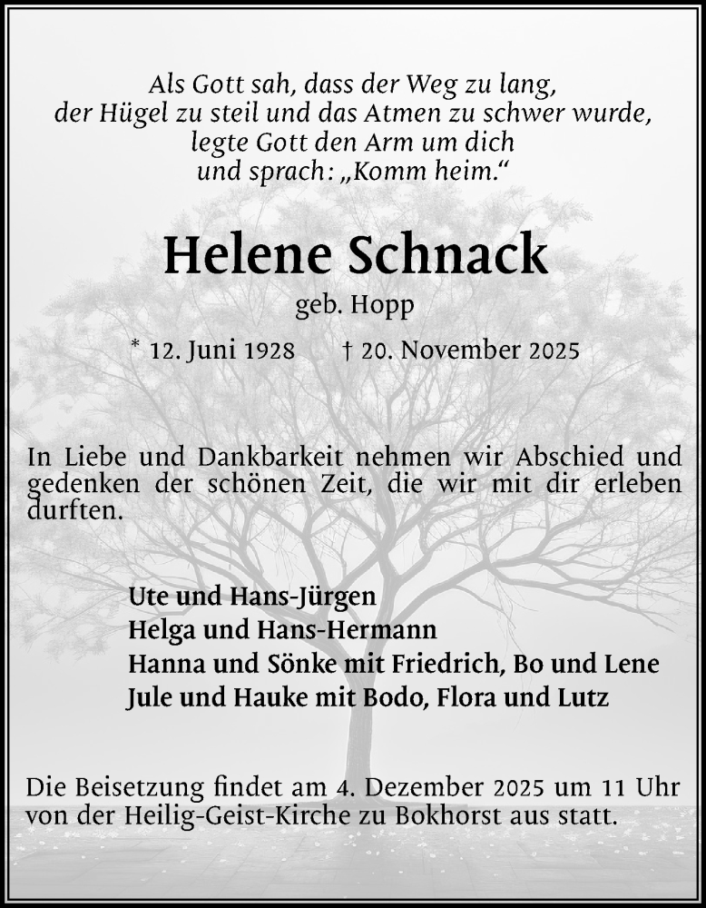 Traueranzeige für Helene Schnack vom 29.11.2025 aus Holsteinischer Courier