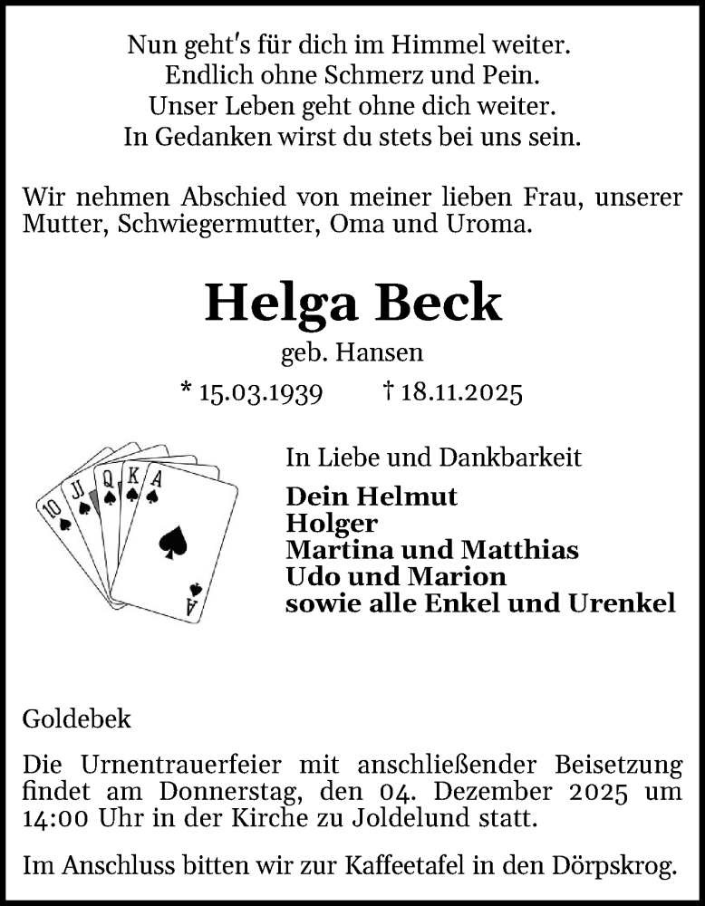  Traueranzeige für Helga Beck vom 26.11.2025 aus Husumer Nachrichten, Nordfriesland Tageblatt