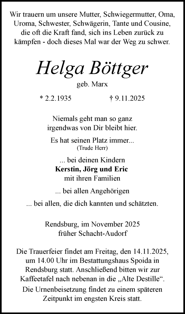  Traueranzeige für Helga Böttger vom 12.11.2025 aus Schleswig-Holsteinische Landeszeitung